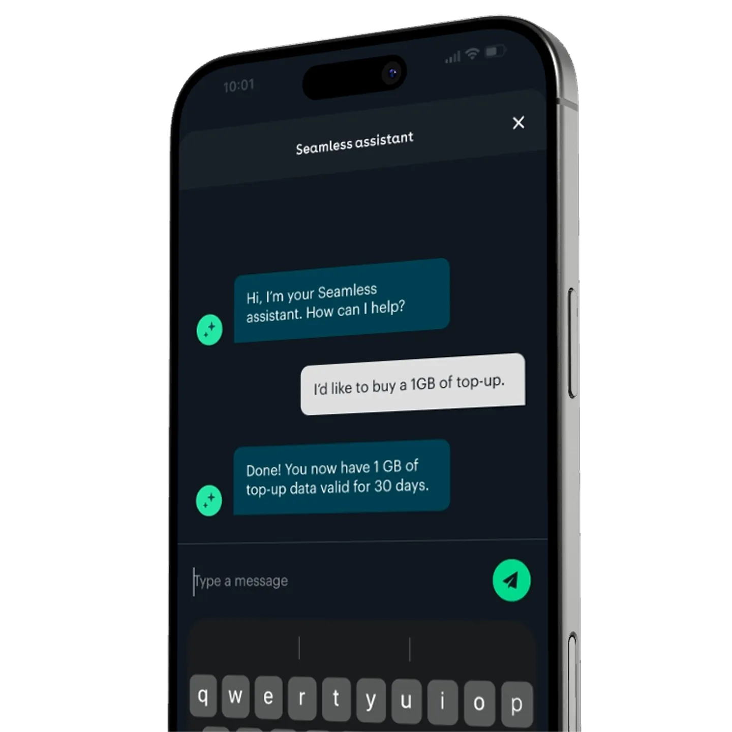 The Seamless assistant in a phone chat — a subscriber asks for a 1 GB top-up and it lands