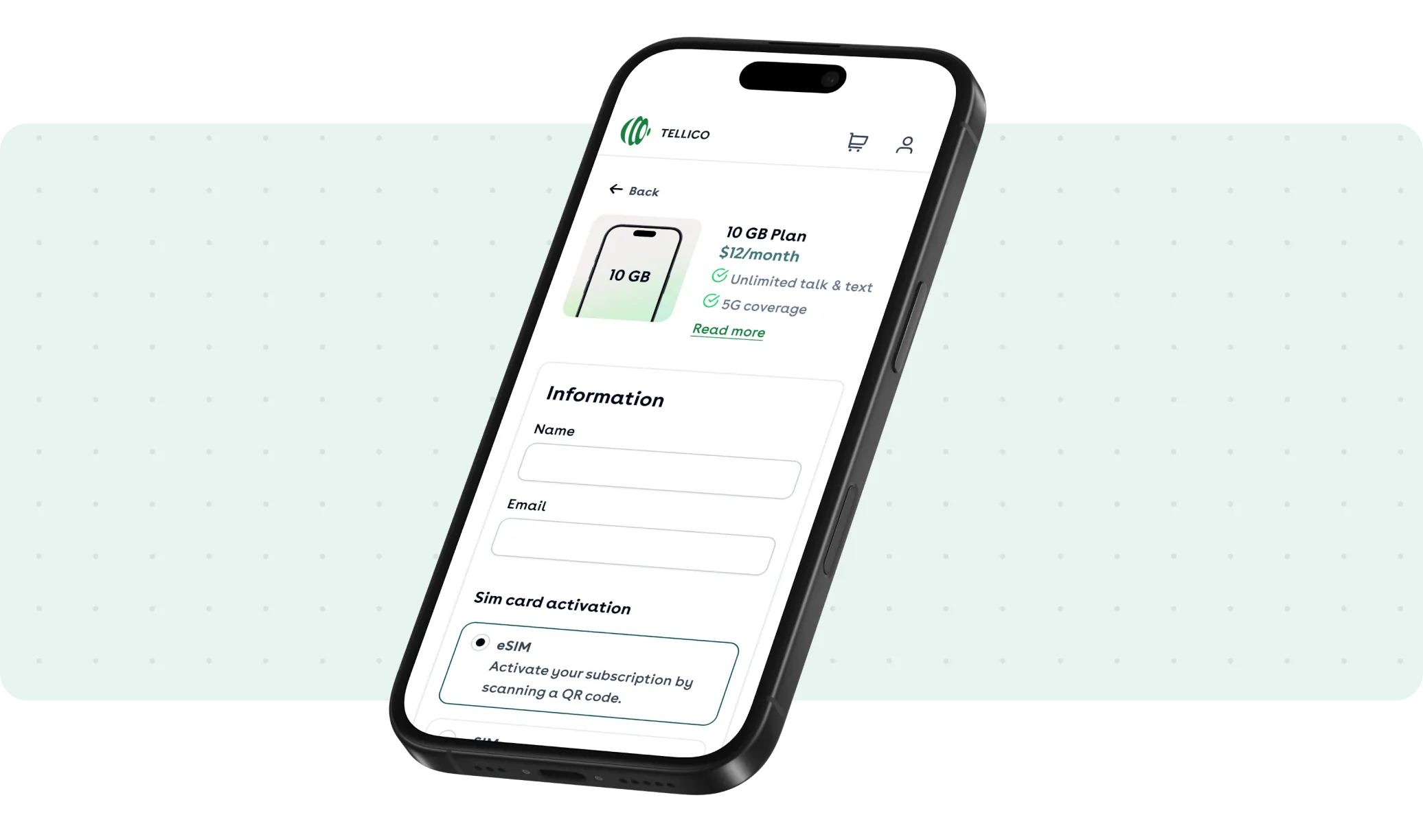 An operator's checkout on a phone — a 10 GB plan at $12 a month, the customer's name and e-mail, and eSIM chosen as the way to activate it.