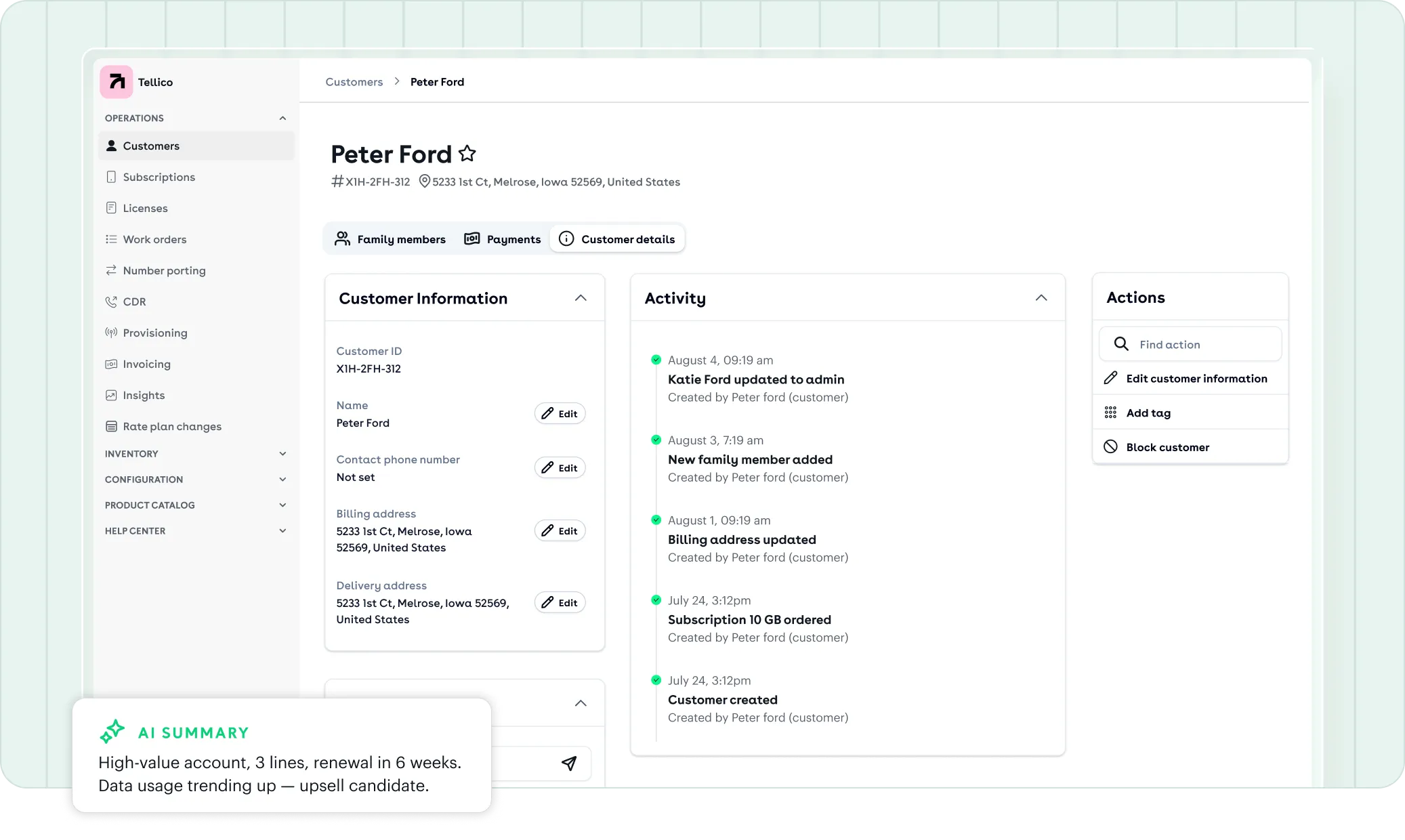 A customer record in the admin portal — the account's ID, name, phone and billing addresses in one column, a dated activity feed beside it, and the actions available on the record in a third.
