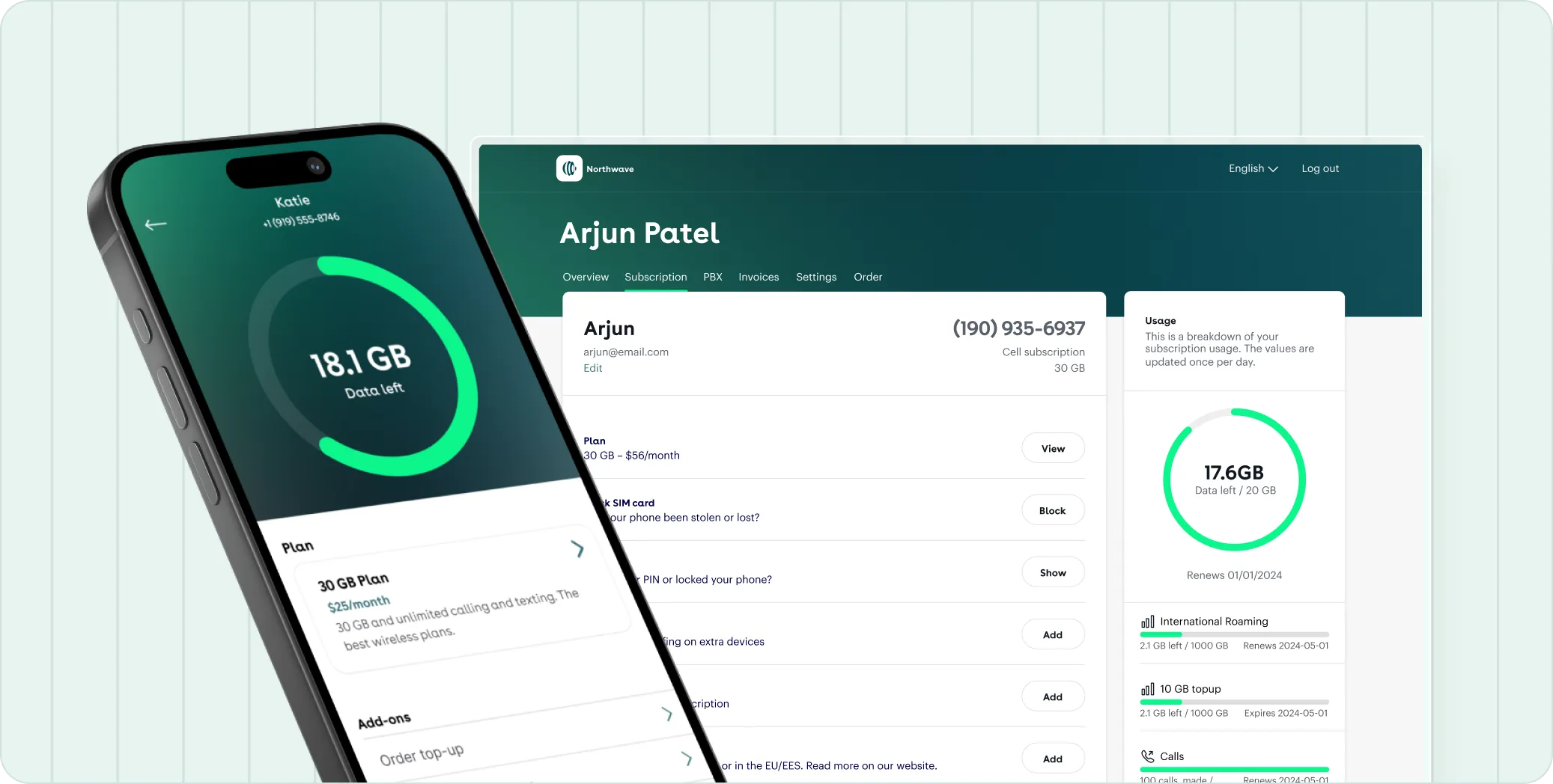 An operator's customer portal and its iOS app side by side — 18.1 GB of data left, the plan, add-ons and a top-up order all self-served.