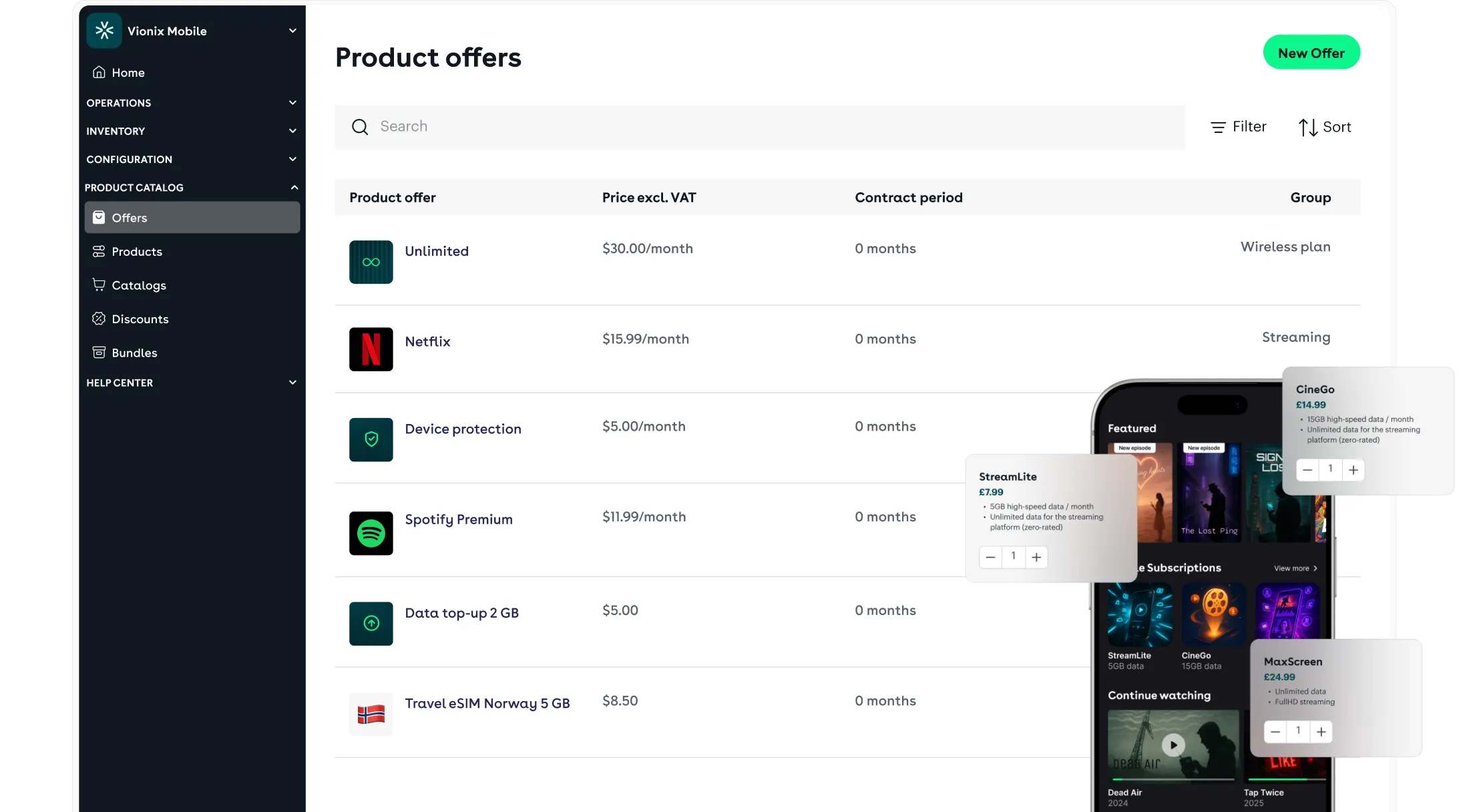 The product offers list in Seamless OS — plans, streaming, device protection, data top-ups and travel eSIM priced side by side